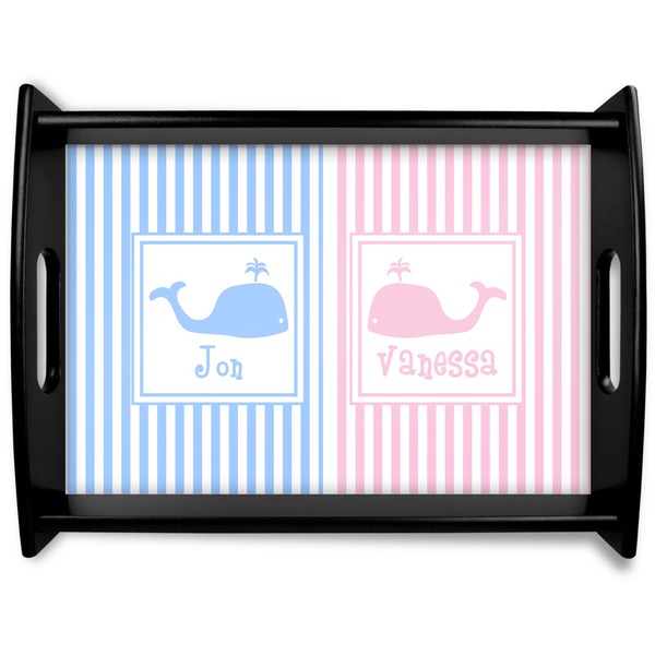 Custom Striped w/ Whales Black Wooden Tray - Large (Personalized)