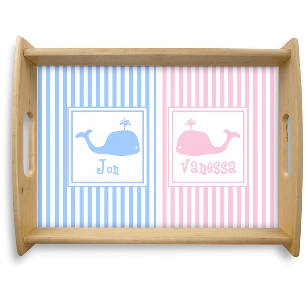 Custom Striped w/ Whales Natural Wooden Tray - Large (Personalized)