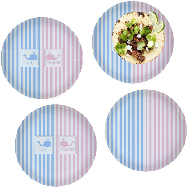 Custom Striped w/ Whales Set of 4 Glass Lunch / Dinner Plate 10" (Personalized)