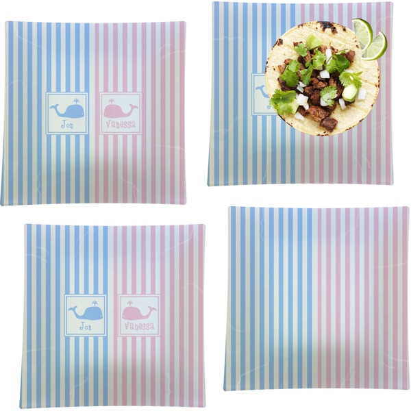 Custom Striped w/ Whales Set of 4 Glass Square Lunch / Dinner Plate 9.5" (Personalized)