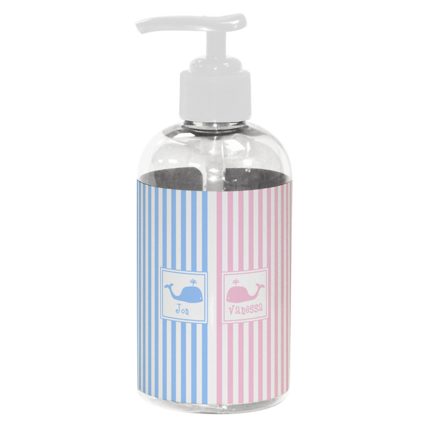 Custom Striped w/ Whales Plastic Soap / Lotion Dispenser (8 oz - Small - White) (Personalized)