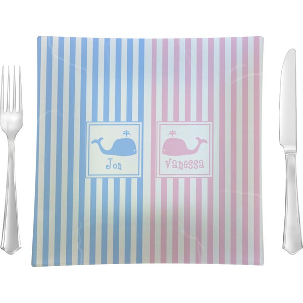 Custom Striped w/ Whales 9.5" Glass Square Lunch / Dinner Plate- Single or Set of 4 (Personalized)