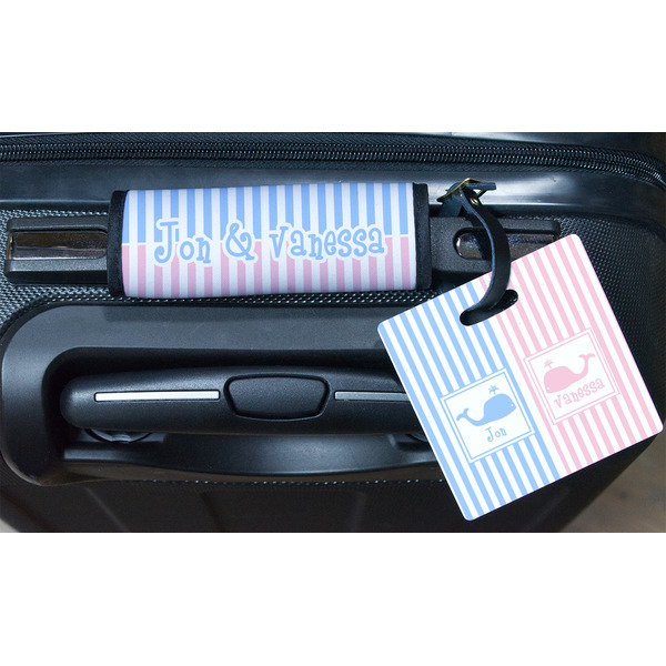 Striped w/ Whales Square Luggage Tag & Handle Wrap - In Context