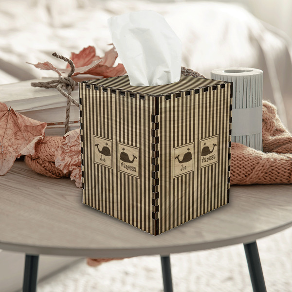 Striped w/ Whales Square Tissue Box Covers - Wood - In Context