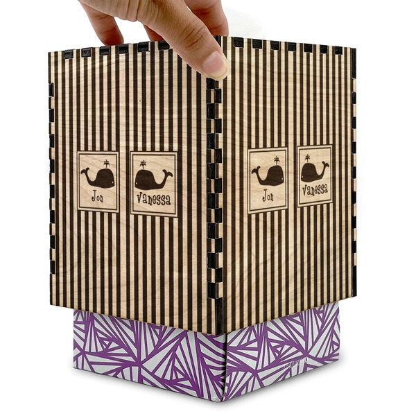 Striped w/ Whales Square Tissue Box Covers - Wood - with box