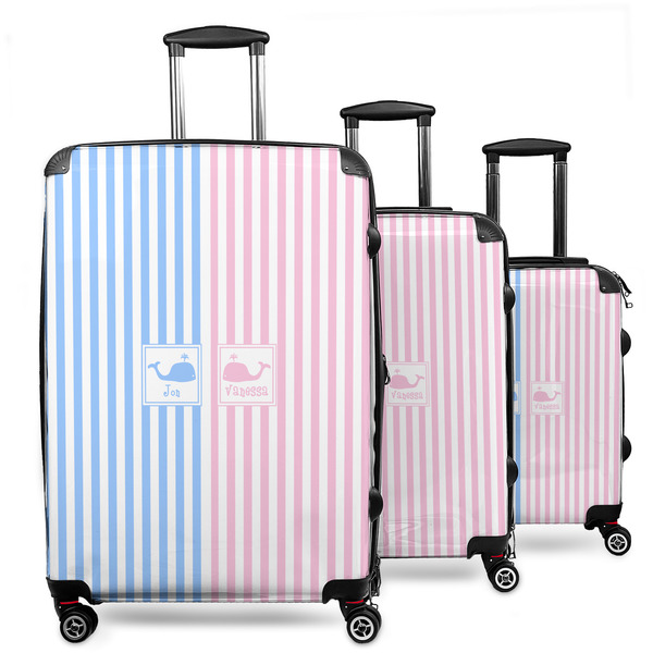 Custom Striped w/ Whales 3 Piece Luggage Set - 20" Carry On, 24" Medium Checked, 28" Large Checked (Personalized)