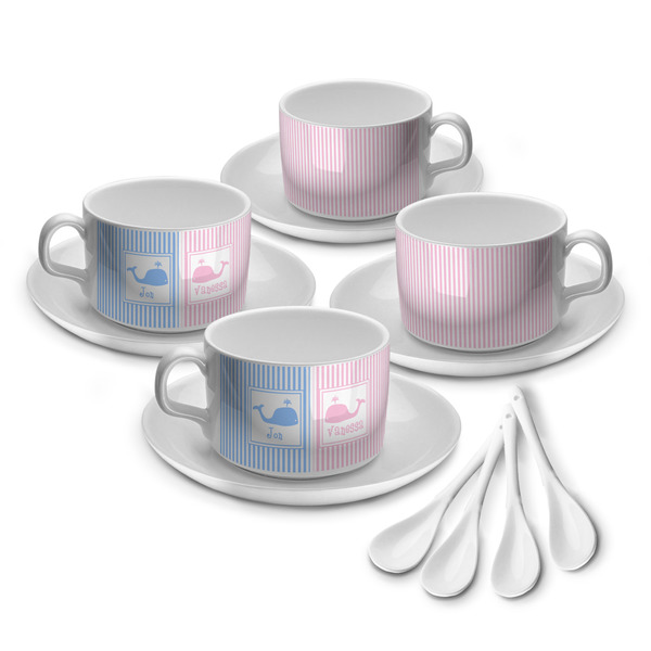Custom Striped w/ Whales Tea Cup - Set of 4 (Personalized)