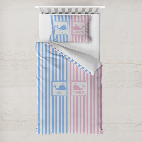 Custom Striped w/ Whales Toddler Bedding w/ Multiple Names