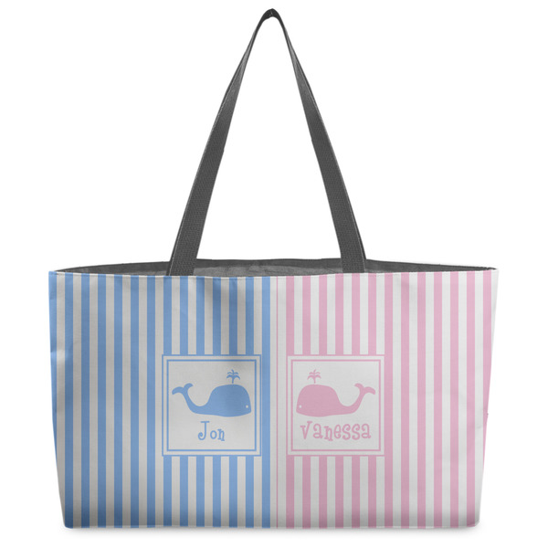 Custom Striped w/ Whales Beach Totes Bag - w/ Black Handles (Personalized)