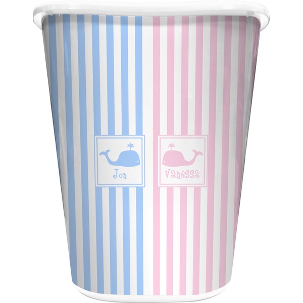 Custom Striped w/ Whales Waste Basket - Double Sided (White) (Personalized)