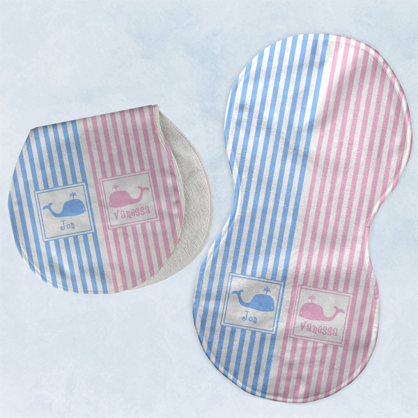 Custom Striped w/ Whales Burp Pads - Velour - Set of 2 w/ Multiple Names