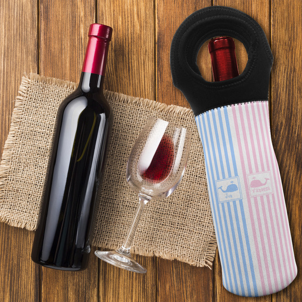 Striped w/ Whales Wine Tote Bag - FLATLAY