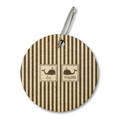 Striped w/ Whales Wood Luggage Tag - Round (Personalized)