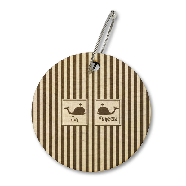 Custom Striped w/ Whales Wood Luggage Tag - Round (Personalized)