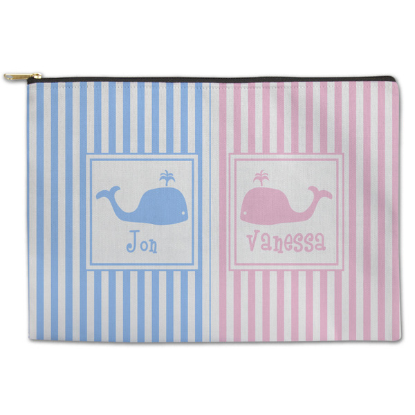Custom Striped w/ Whales Zipper Pouch - Large - 12.5"x8.5" (Personalized)