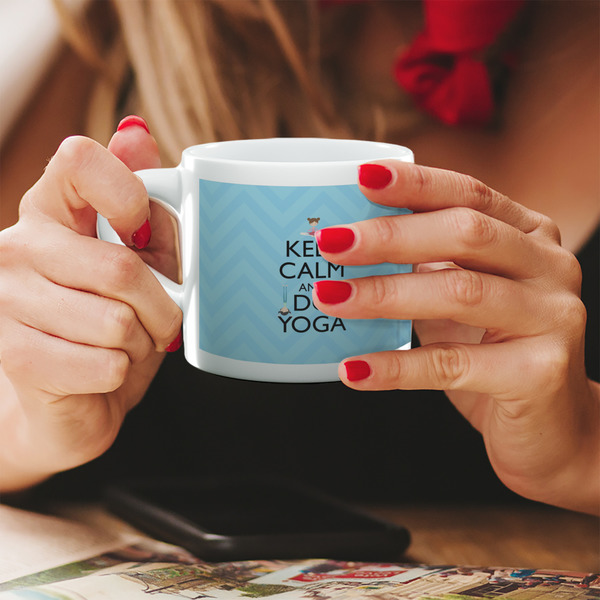 Keep Calm & Do Yoga Espresso Cup - 6oz (Double Shot) LIFESTYLE (Woman hands cropped)