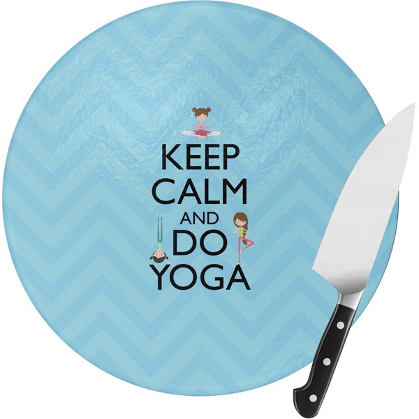 Custom Keep Calm & Do Yoga Round Glass Cutting Board - Medium