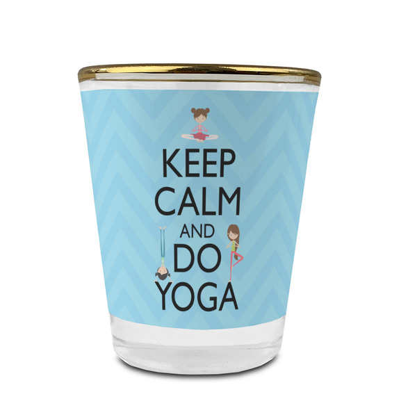 Keep Calm & Do Yoga Glass Shot Glass - With gold rim - FRONT