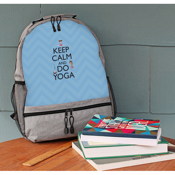 Keep Calm & Do Yoga Large Backpack - Gray - On Desk