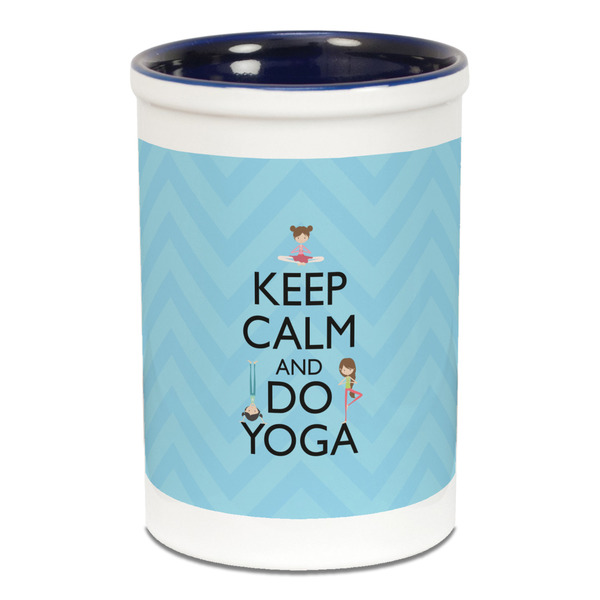 Custom Keep Calm & Do Yoga Ceramic Pencil Holders - Blue
