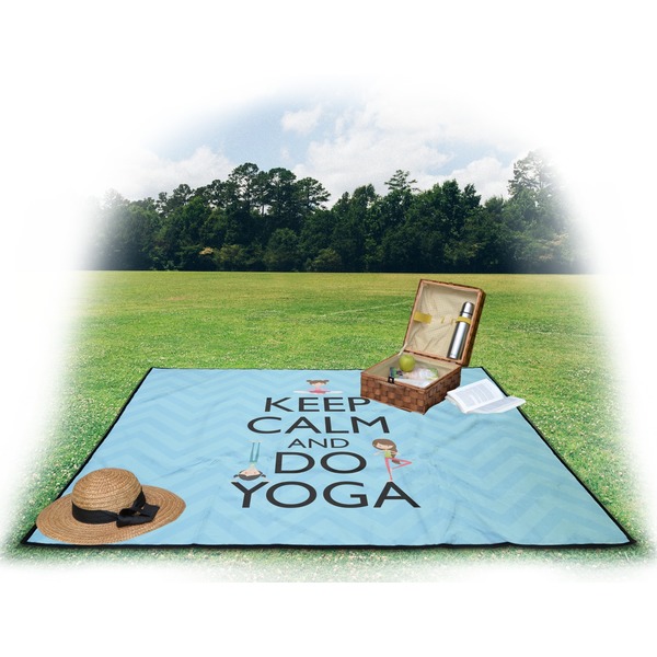 Keep Calm & Do Yoga Picnic Blanket - with Basket Hat and Book - in Use