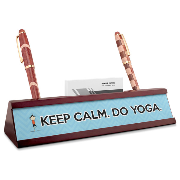 Custom Keep Calm & Do Yoga Red Mahogany Nameplate with Business Card Holder