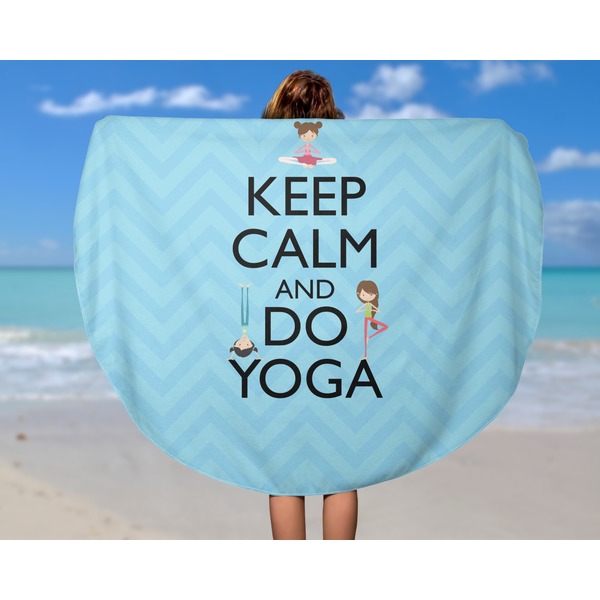 Keep Calm & Do Yoga Round Beach Towel - In Use