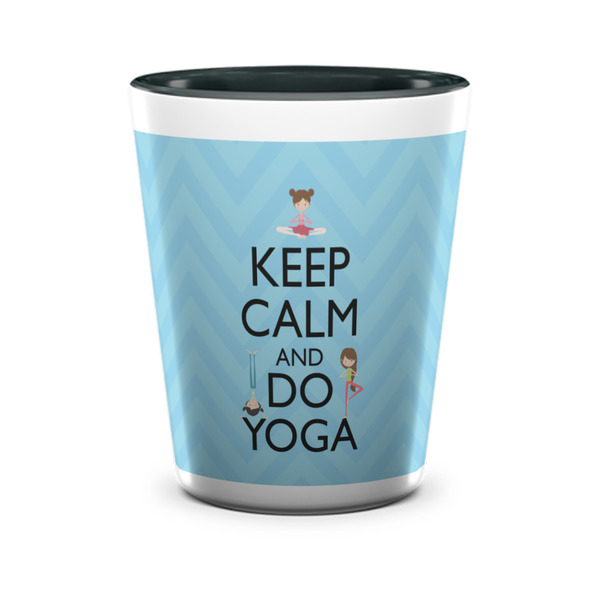 Custom Keep Calm & Do Yoga Ceramic Shot Glass - 1.5 oz - Two Tone - Set of 4