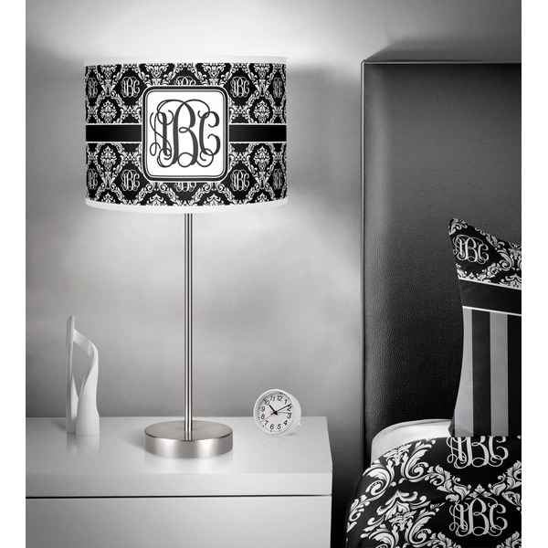 Monogrammed Damask 13 inch drum lamp shade - in room