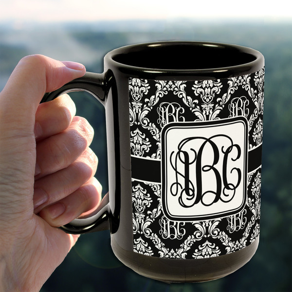 Monogrammed Damask 15oz. Black Mug - LIFESTYLE