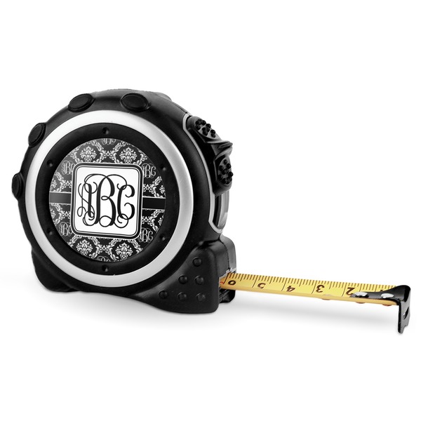 Monogrammed Damask 16 Foot Black & Silver Tape Measures - Front