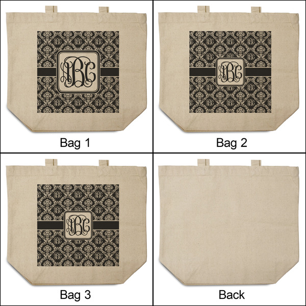 Monogrammed Damask 3 Reusable Cotton Grocery Bags - Front & Back View