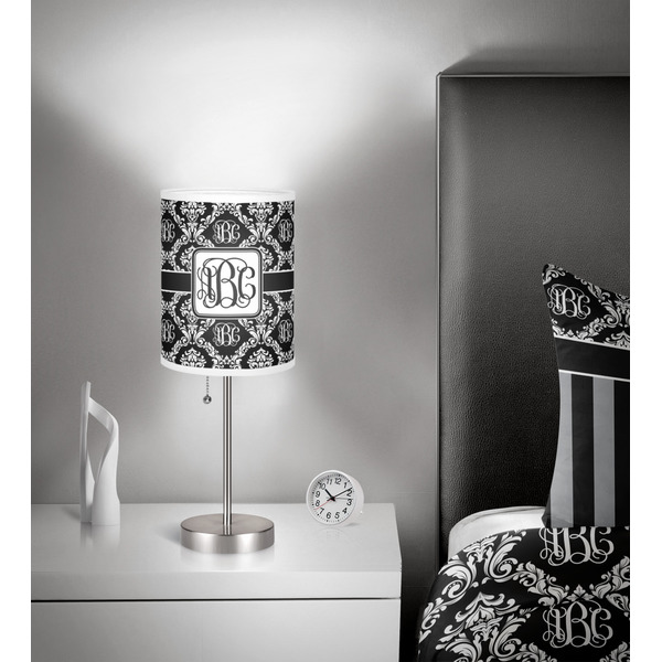 Monogrammed Damask 7 inch drum lamp shade - in room