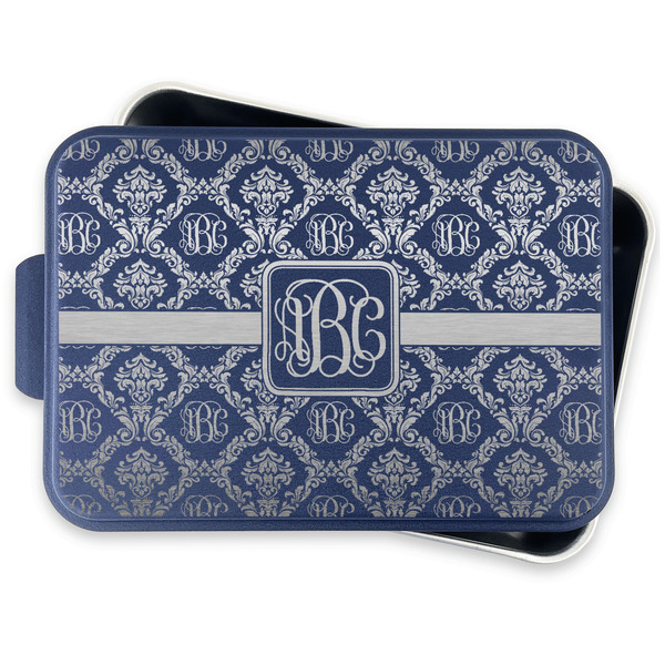 Monogrammed Damask Aluminum Baking Pan - Navy Lid - FRONT w/lid off