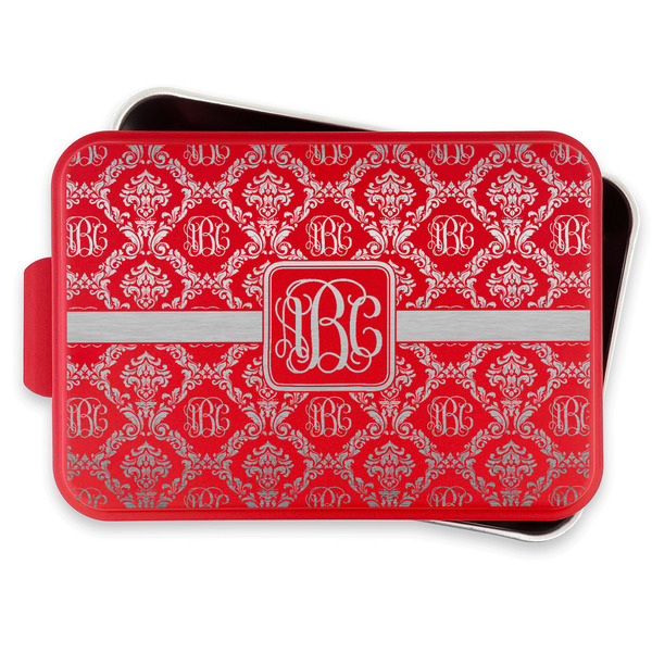 Monogrammed Damask Aluminum Baking Pan - Red Lid - FRONT w/lif off