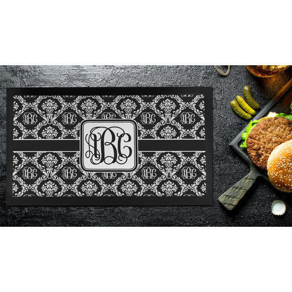 Monogrammed Damask Bar Mat - Small - LIFESTYLE