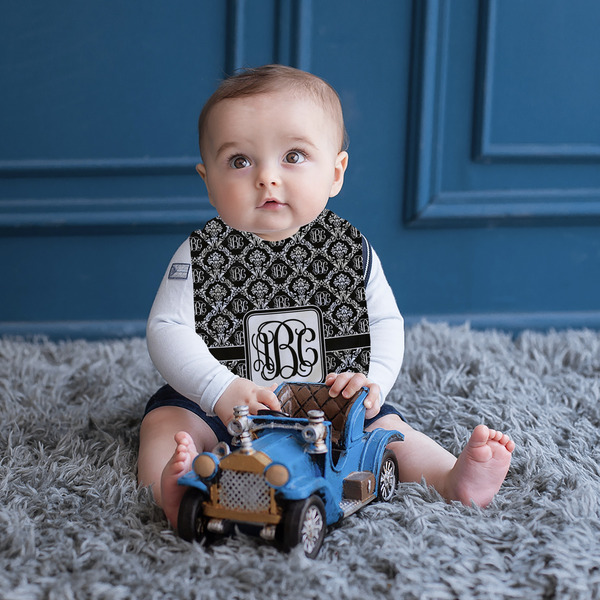 Monogrammed Damask Bib Lifestyle Boy