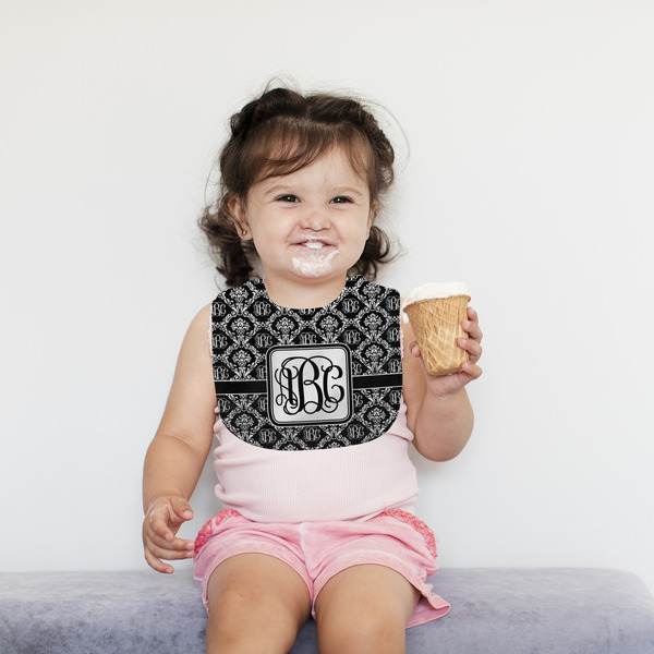 Monogrammed Damask Bib Lifestyle Girl