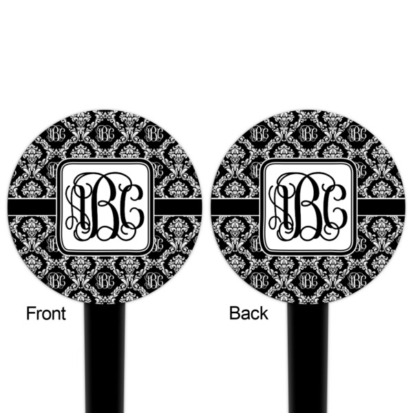 Monogrammed Damask Black Plastic 4" Food Pick - Round - Double Sided - Front & Back