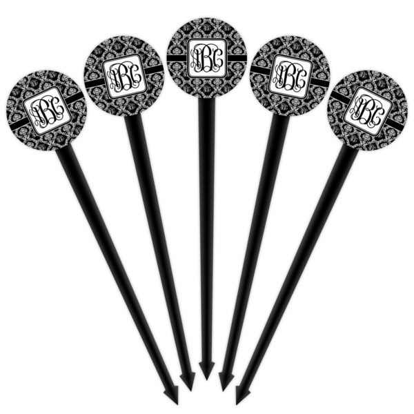 Monogrammed Damask Black Plastic 4" Food Pick - Round - Fan View