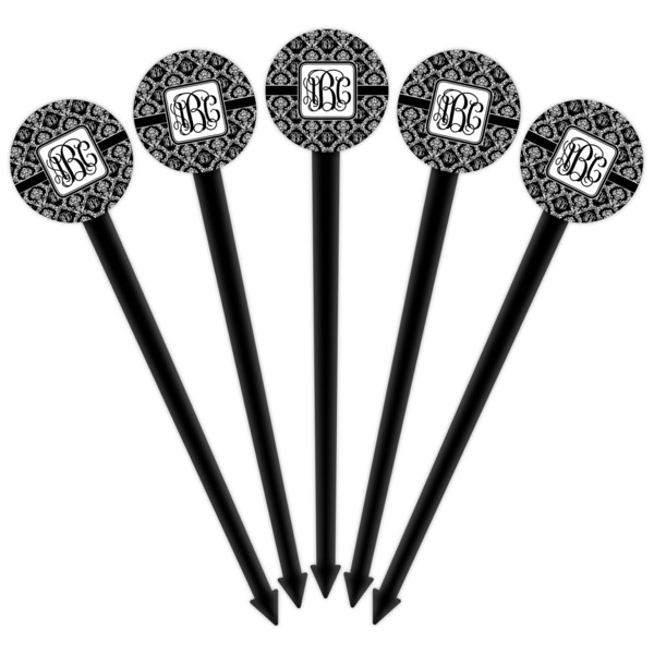 Monogrammed Damask Black Plastic 6" Food Pick - Round - Fan View