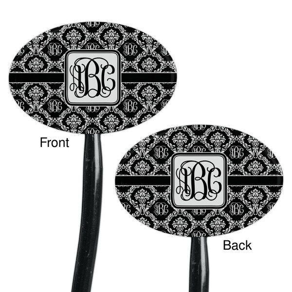 Monogrammed Damask Black Plastic 7" Stir Stick - Double Sided - Oval - Front & Back