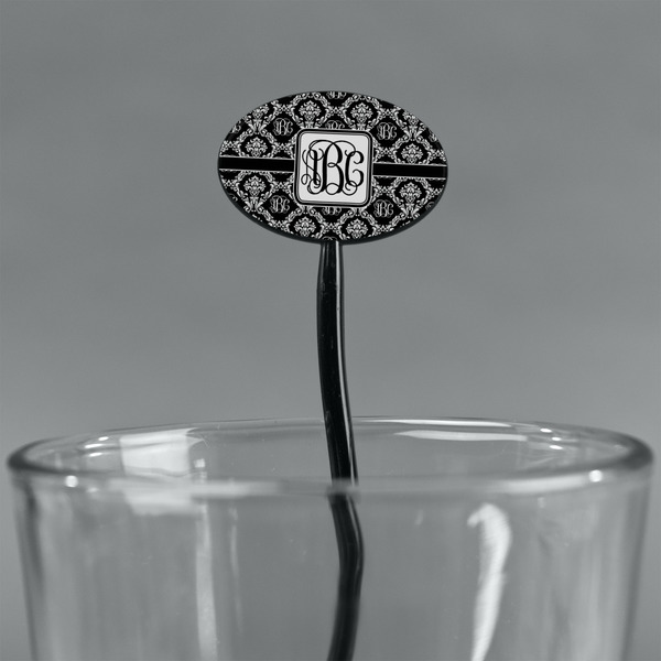 Monogrammed Damask Black Plastic 7" Stir Stick - Oval - Main