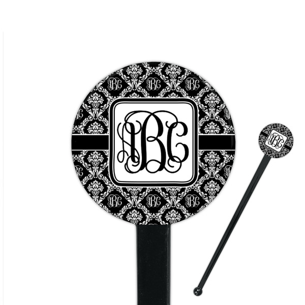 Custom Monogrammed Damask 7" Round Plastic Stir Sticks - Black - Double Sided