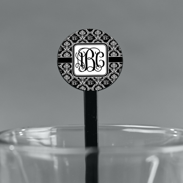 Monogrammed Damask Black Plastic 7" Stir Stick - Round - Main