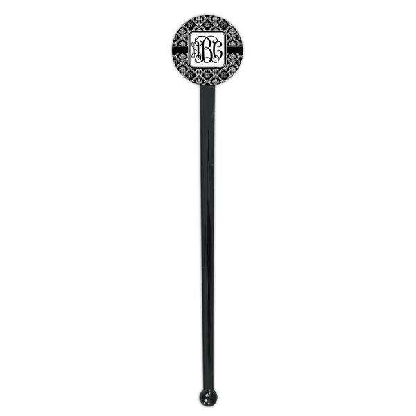 Monogrammed Damask Black Plastic 7" Stir Stick - Round - Single Stick