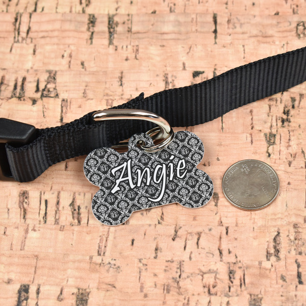 Monogrammed Damask Bone Shaped Dog ID Tag - Large - In Context