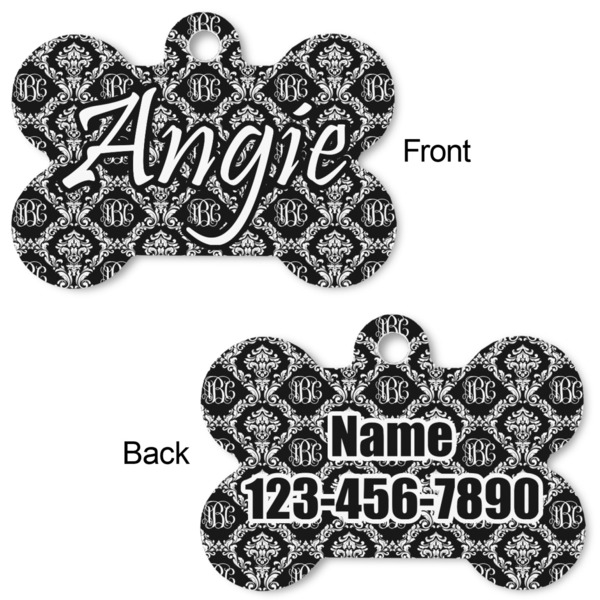 Monogrammed Damask Bone Shaped Dog Tag - Front & Back