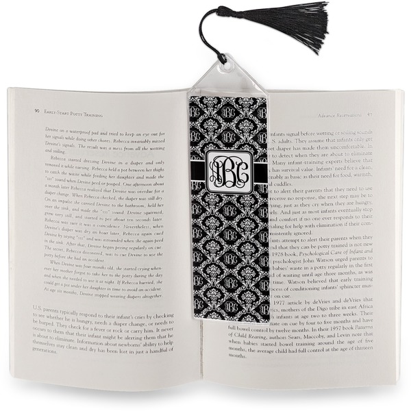 Monogrammed Damask Bookmark with tassel - In book