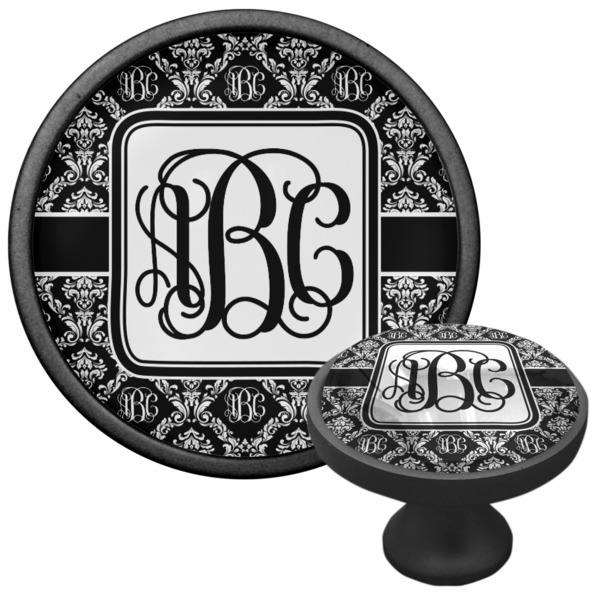 Monogrammed Damask Cabinet Knob - Black - Multi Angle